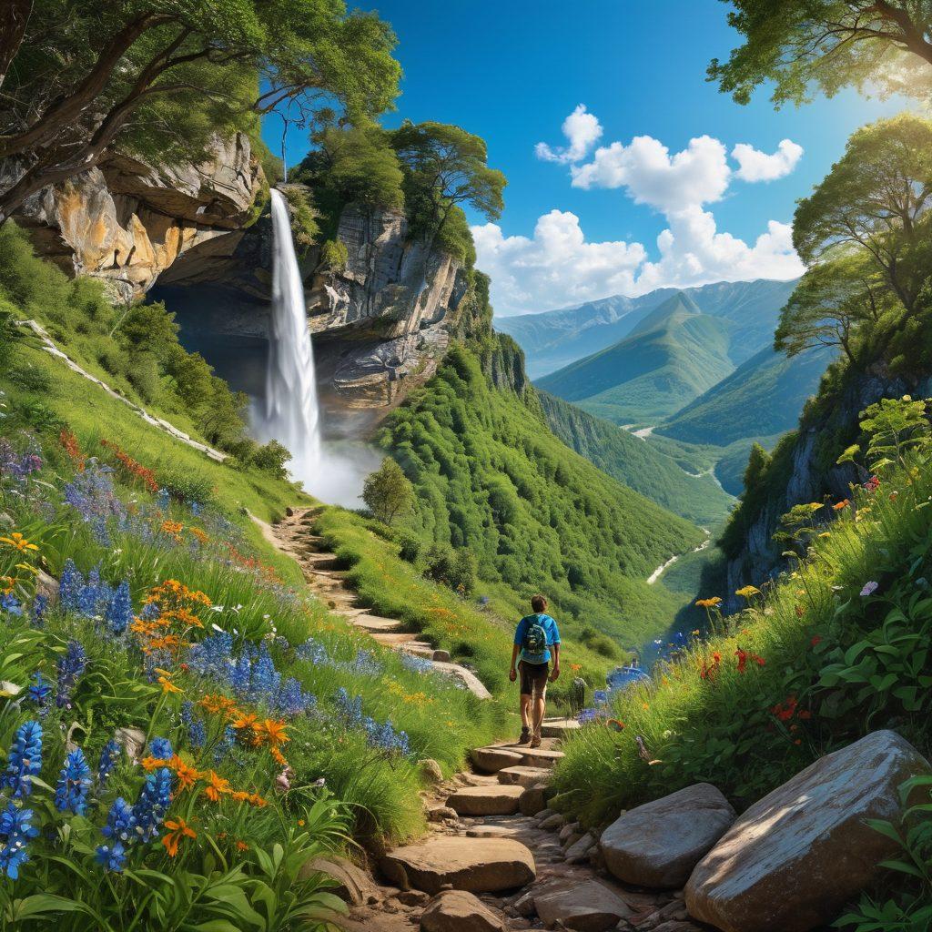 A breathtaking mountainous landscape with hidden trails winding through lush green forests, vibrant wildflowers blooming along the path, and a hint of a distant waterfall cascading down the rocks. A hiker is seen in the foreground, exploring the adventure ahead with a sense of curiosity. Emphasize the contrast of bright blue skies against the rich greenery. super-realistic. vibrant colors. panoramic view.