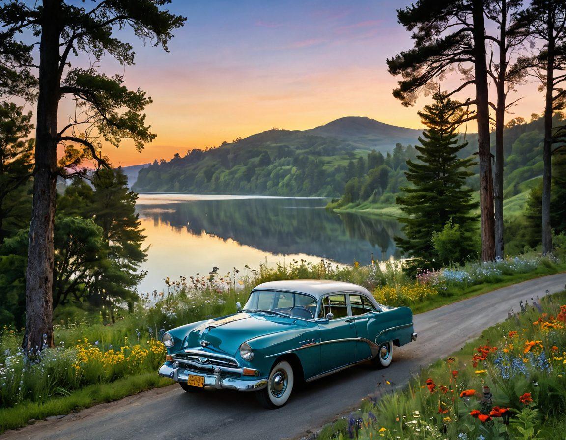A winding, picturesque backroad meandering through lush green hills, dotted with vibrant wildflowers and flanked by tall, majestic trees. A vintage car is parked beside a serene lake reflecting the clear blue sky, inviting travelers to explore. Add a dreamy sunset casting warm tones across the landscape, with subtle hints of adventure and exploration. super-realistic. vibrant colors. serene atmosphere.