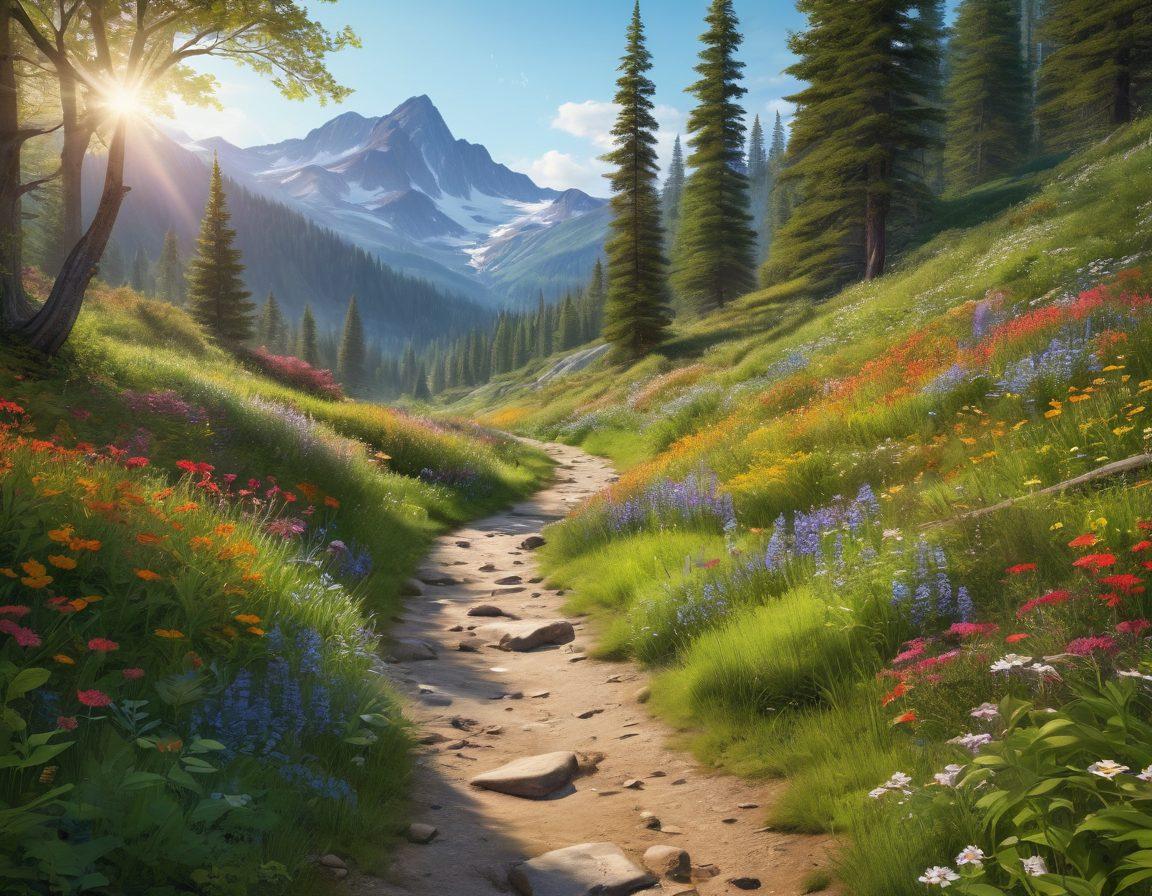 A serene backcountry path winding through a vibrant forest, sunlight filtering through lush green leaves, a carpet of colorful wildflowers on the ground, a distant mountain range visible in the background, and a tranquil stream alongside the trail. super-realistic. vibrant colors. natural setting.